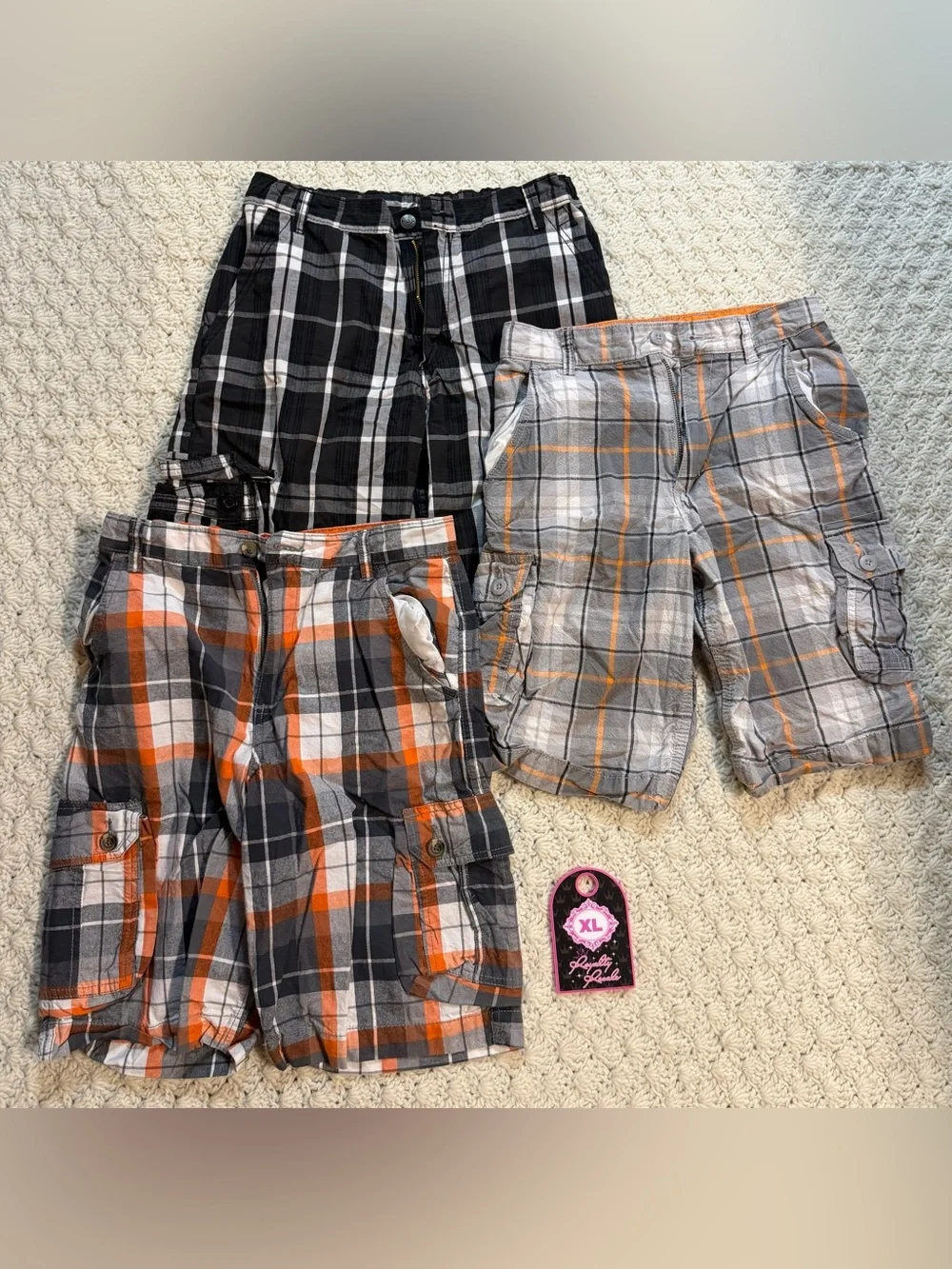 Faded Glory Plaid Cargo Shorts - Black, Gray, Orange